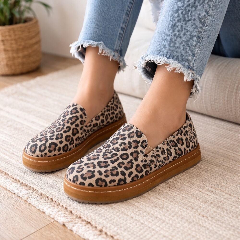 TOMS Alpargata Leopard Print Slip On Flats Camel Brown Womens 6